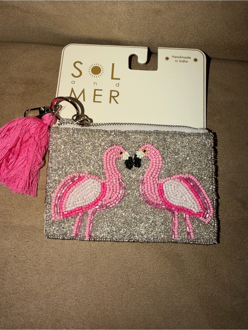 Sol and Mer Pink Beaded Flamingo Key & Card Holder Wallet